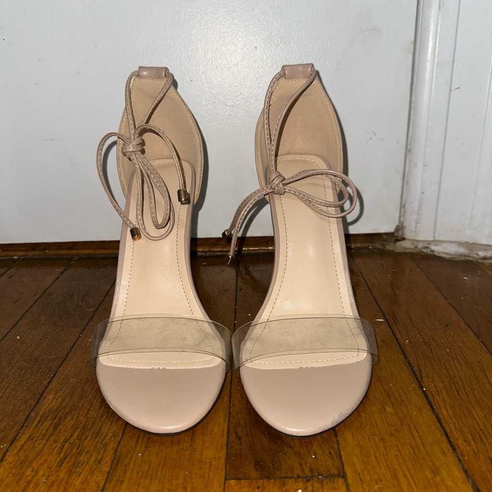 Chic Nude Ankle Strap Heels with Clear Band – Elegant Open-Toe Lace-Up Sandals